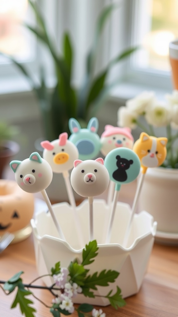 A display of colorful themed cake pops resembling cute animals, set on a wooden table with fresh greenery and flowers.