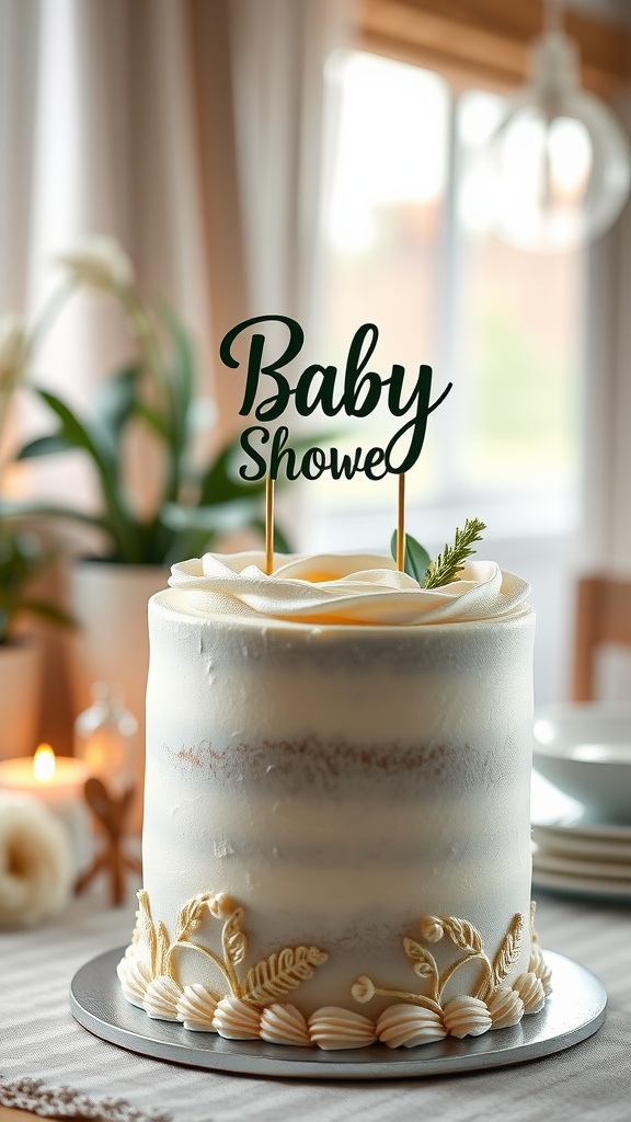 A beautifully decorated baby shower cake with a topper that reads 'Baby Shower'.