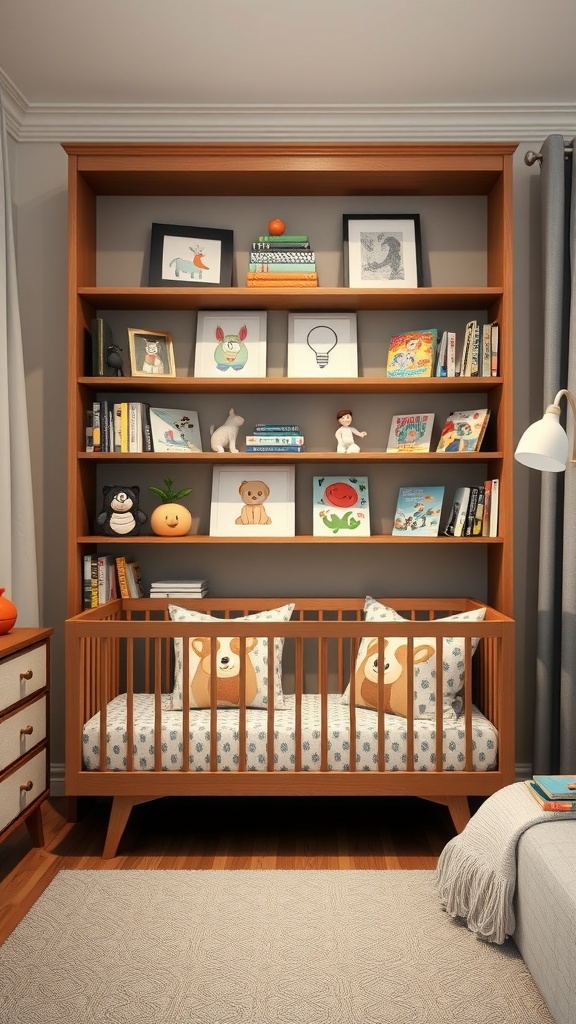 A nursery bookshelf with themed character decorations and books, featuring a cozy crib in front.