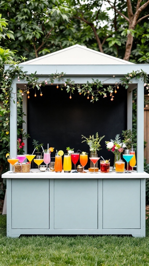 A charming backyard cocktail bar with colorful drinks and a light blue structure adorned with fairy lights.