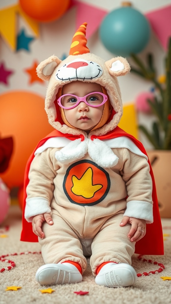 A baby dressed in a cozy bear costume with a red cape and pink glasses, surrounded by colorful balloons and decorations.