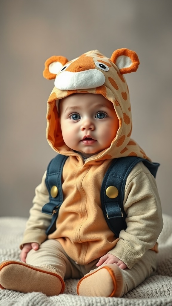 A baby in a giraffe-themed costume, looking cute and playful.