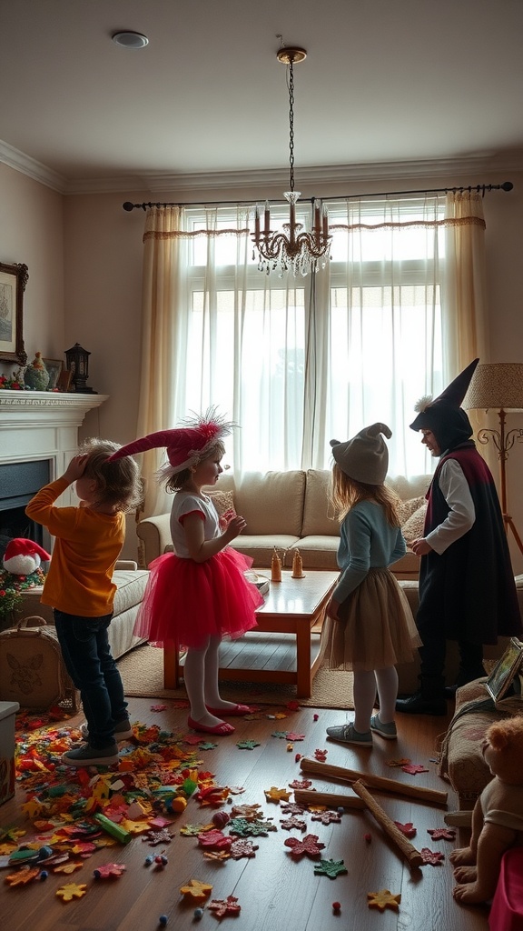Children dressed in costumes during a themed indoor scavenger hunt, exploring a cozy living room filled with colorful items.