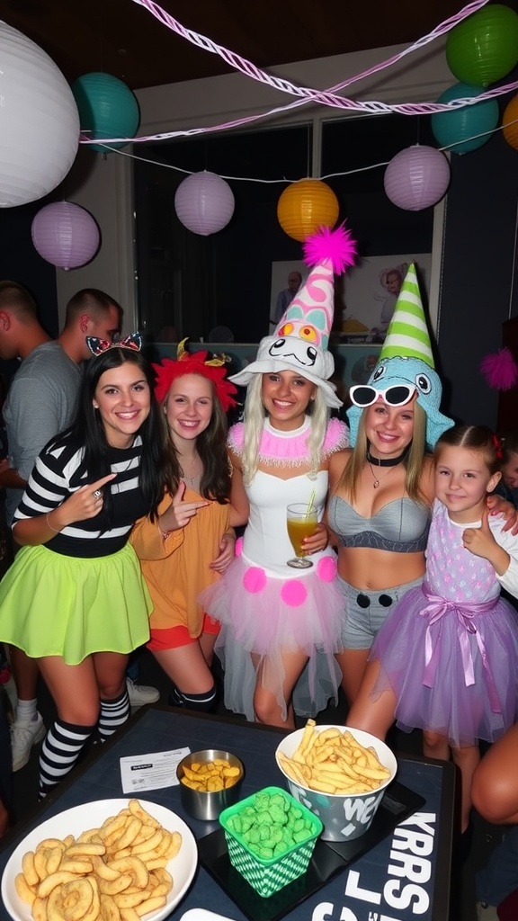 Group of friends in colorful costumes at a themed costume party with snacks and decorations