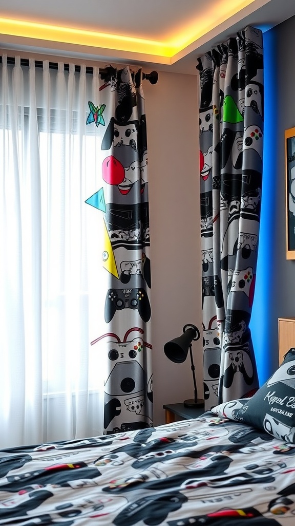 Gamer bedroom with themed curtains featuring video game controller designs and light drapes.