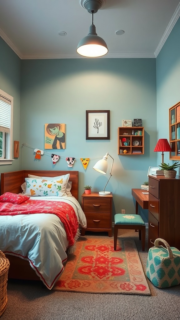 A cozy bedroom designed for two sisters with teal walls, a vibrant bedspread, playful decor, and a functional desk area.