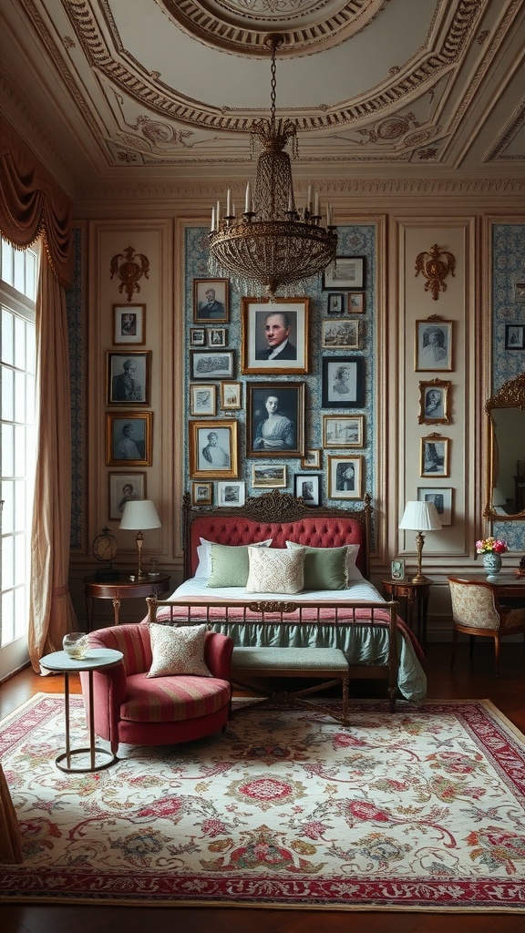 A luxurious bedroom featuring a vintage theme with a bed, framed portraits on the wall, elegant decor, and a stylish chandelier.