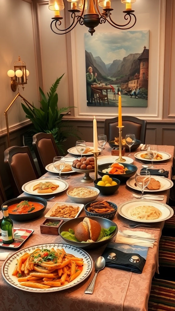 A beautifully set dinner table featuring various international dishes, including pasta, salads, and desserts.