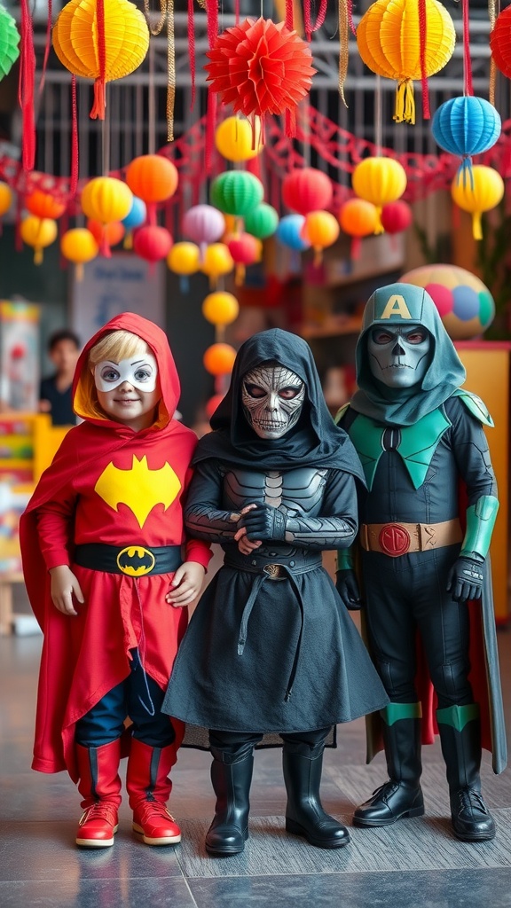Three kids dressed in colorful superhero costumes, standing under festive lanterns.