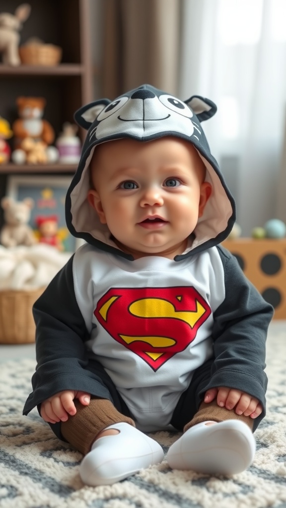 A baby in a superhero-themed outfit with a bear hood, smiling while sitting on a soft rug.