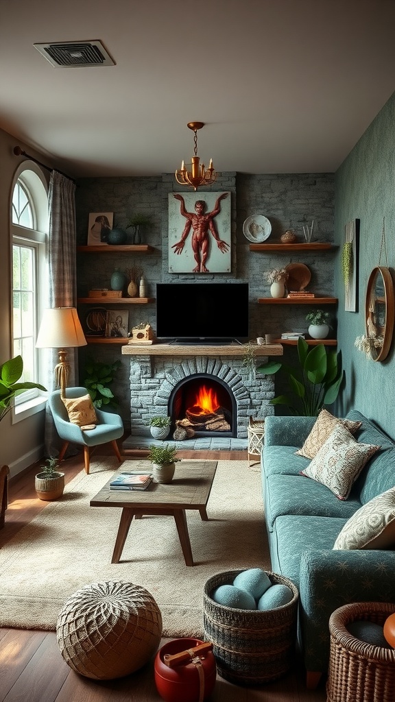 A cozy basement family room featuring a warm color palette, artwork, a fireplace, and inviting seating.