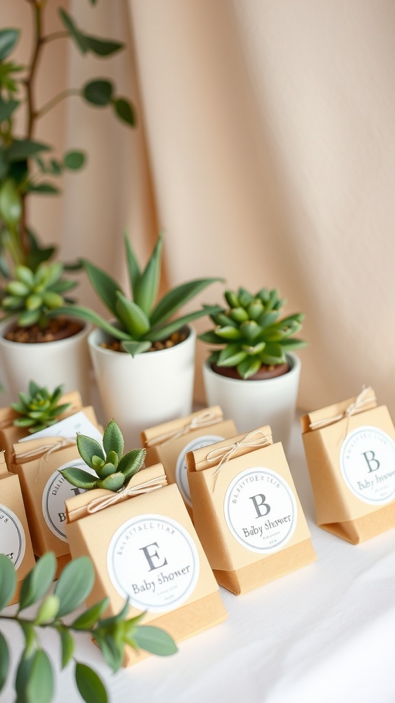 Neutral themed baby shower favors with small gift boxes and succulents
