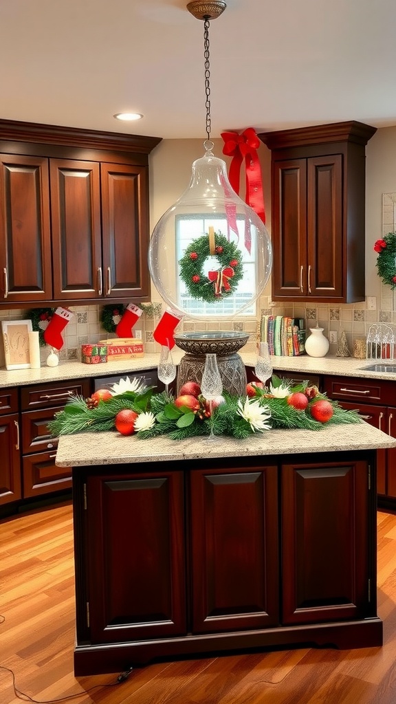 A festive kitchen centerpiece featuring a glass lantern with a wreath, surrounded by a garland with red ornaments and flowers on a kitchen island.