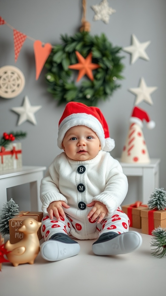 A two-month-old baby dressed in a Santa hat and cozy outfit, sitting in a holiday-themed setup with festive decorations.