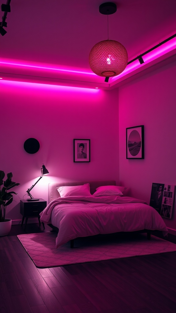 A cozy pink and black bedroom featuring themed lighting with pink LED lights and a woven pendant lamp.