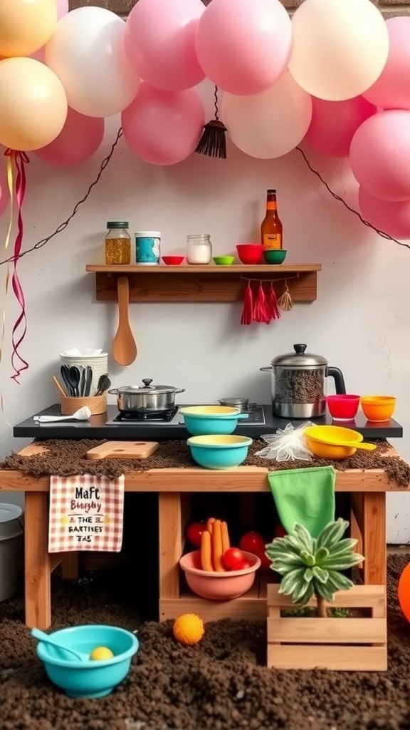 A colorful themed mud kitchen setup with balloons, cooking tools, and colorful bowls on a wooden table surrounded by mud.