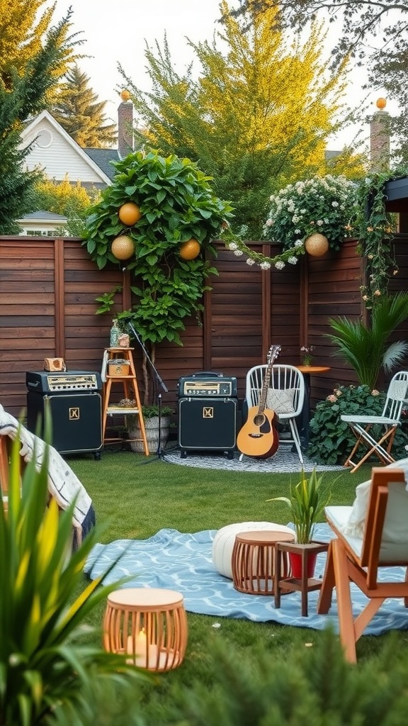 Outdoor setup with speakers, guitar, and seating for a baby shower.