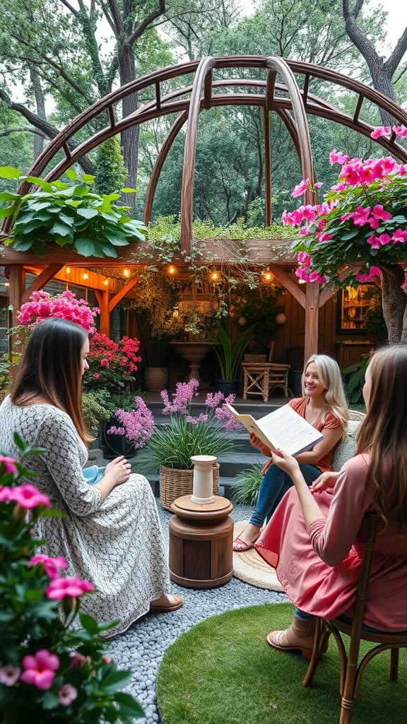 Three women sitting in a garden surrounded by flowers, engaged in a reading activity.