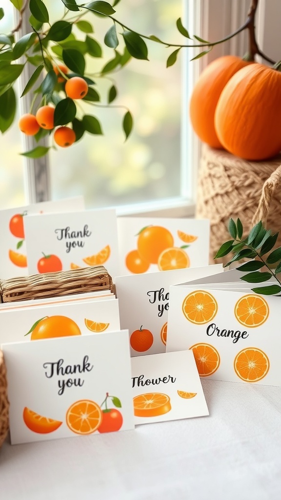 A collection of themed orange thank you cards displayed with decorative oranges and pumpkins
