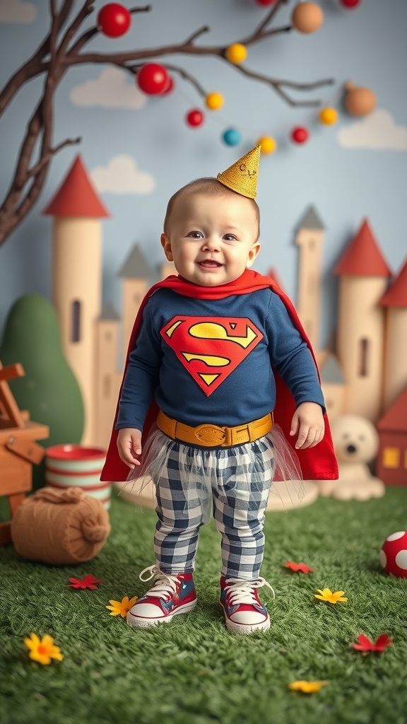 A smiling baby dressed in a superhero costume with a cape and a party hat, standing in a playful setting with colorful decorations.