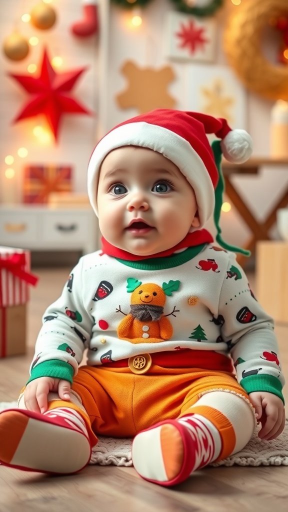 An 11-month-old baby in a festive outfit with a holiday-themed background.