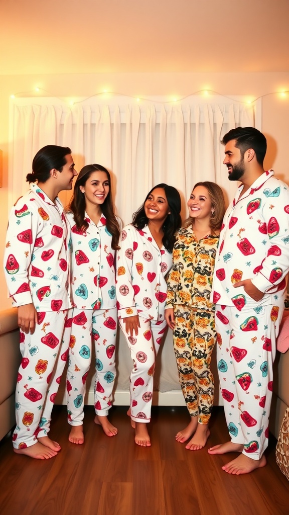 Group of friends in colorful pajamas at a themed pajama party.