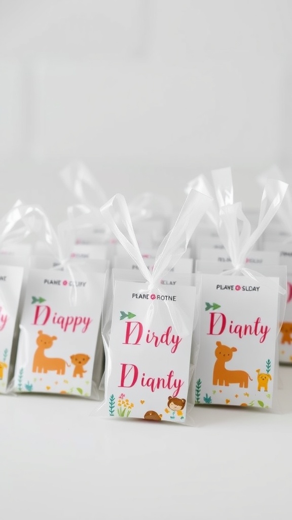 Colorful party favor bags with animal designs for a baby boy's first birthday
