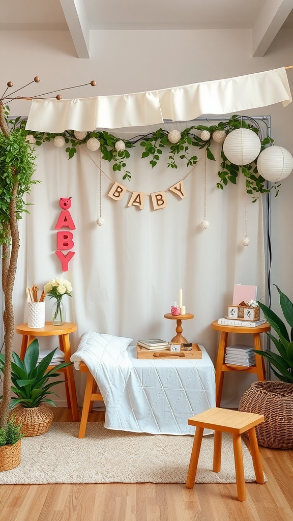 A charming baby shower photo booth backdrop with a white curtain, greenery, and a 'BABY' banner.