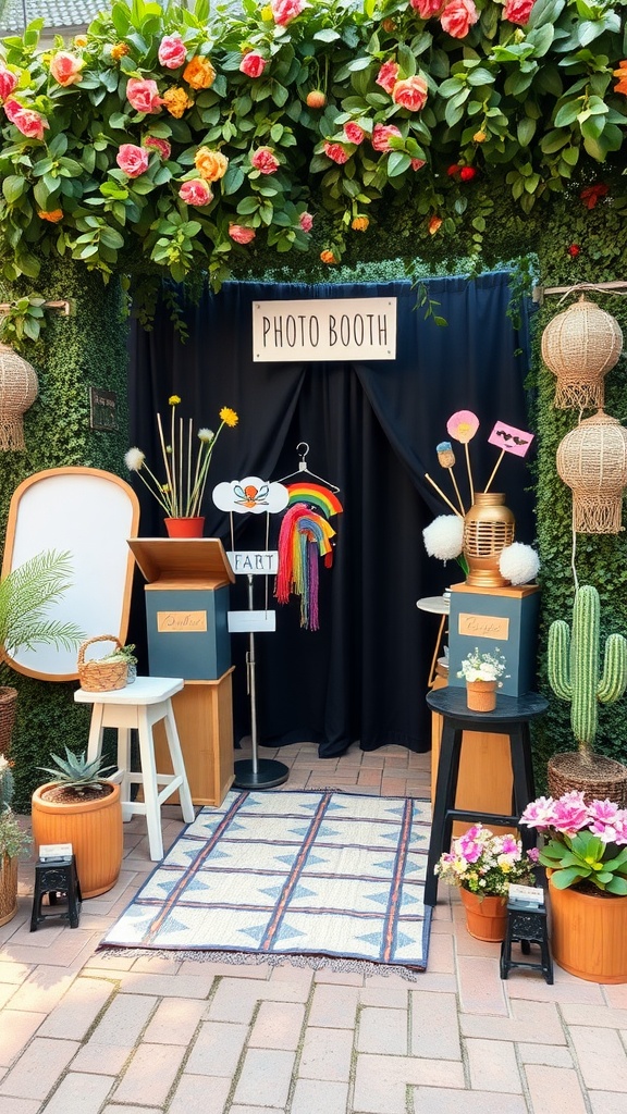 A decorated photo booth corner with flowers, props, and a cozy rug, perfect for a garden party.