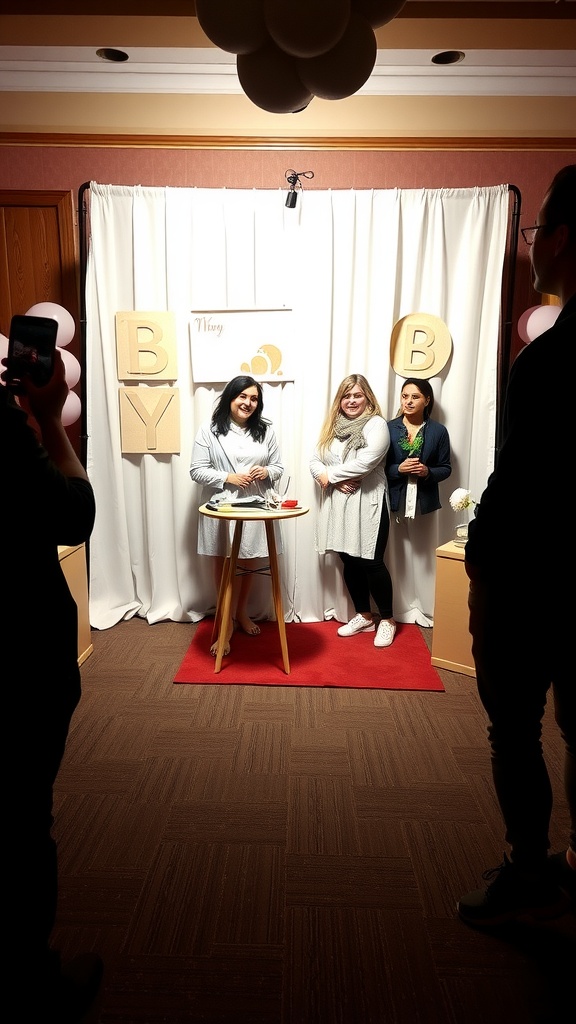 A themed photo booth setup with three women posing, a white backdrop, and wooden letters.