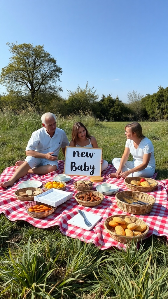 A picnic setup with people holding a sign that says 'new Baby'.