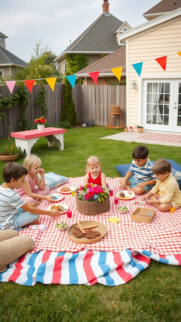 Kids enjoying a picnic on a red and white striped blanket in a backyard.