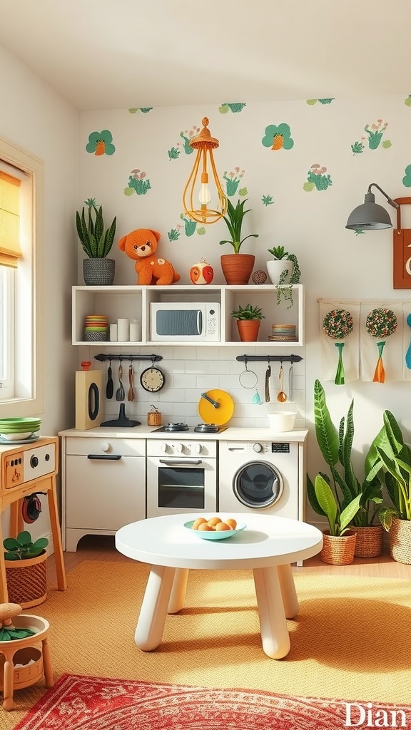 A toddler playroom featuring a mini kitchen area with decorative elements and plants.
