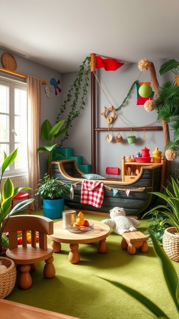 A themed toddler play area featuring a boat, plants, and colorful play items