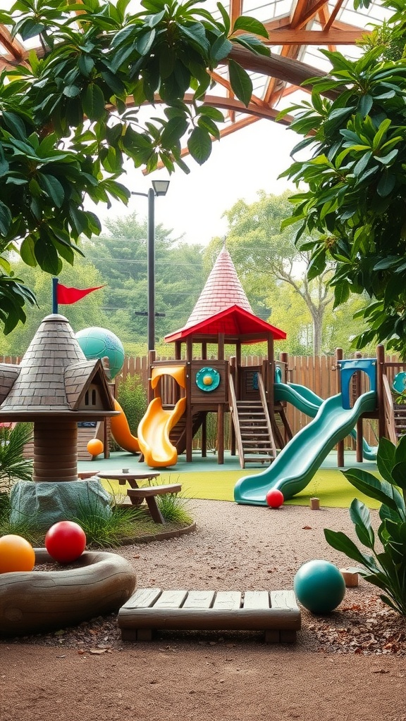 A colorful outdoor kids play area featuring slides, a playhouse, and various play structures, surrounded by greenery.
