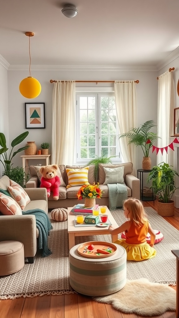 A cozy family room designed as a playroom with a child playing, toys on a table, and bright decor.