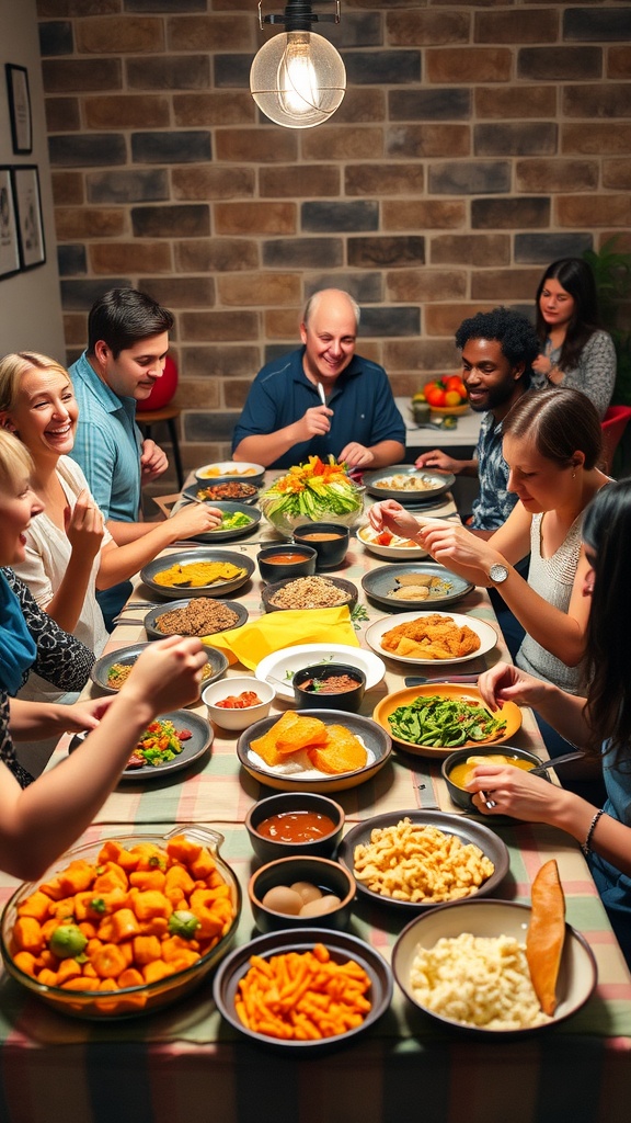 A lively group of friends enjoying a themed potluck dinner party with a variety of dishes on the table.