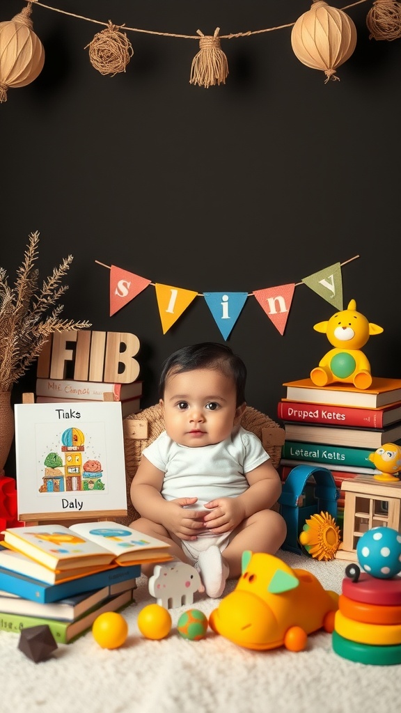 A four-month-old baby surrounded by colorful props and accessories, including toys, books, and a decorative banner.
