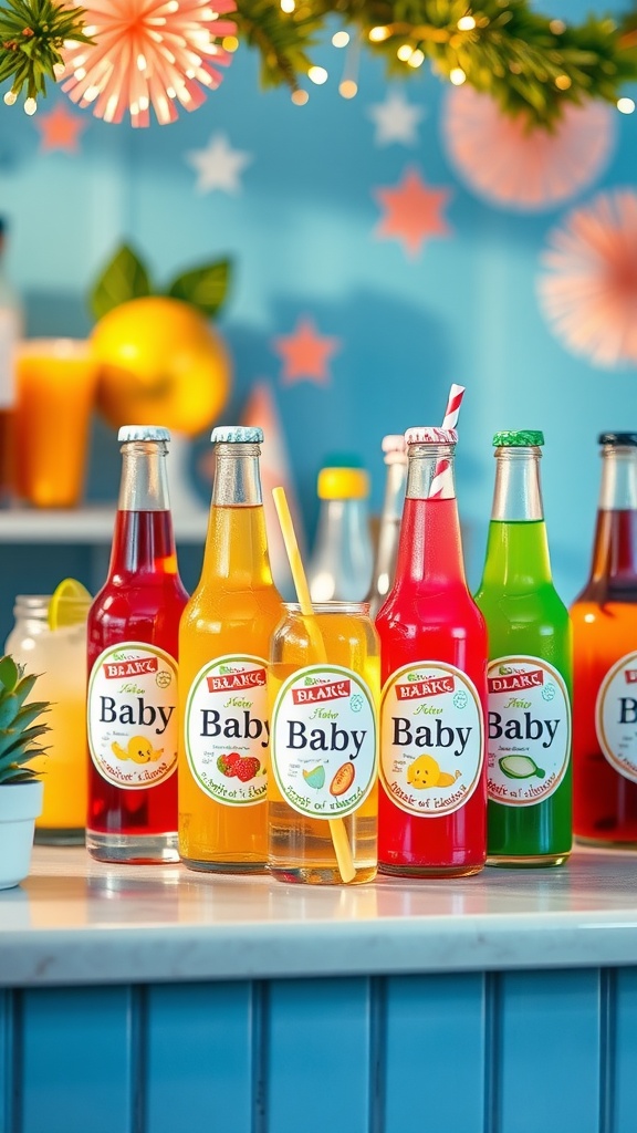 A vibrant drinks bar featuring colorful bottles labeled 'Baby' against a cheerful backdrop