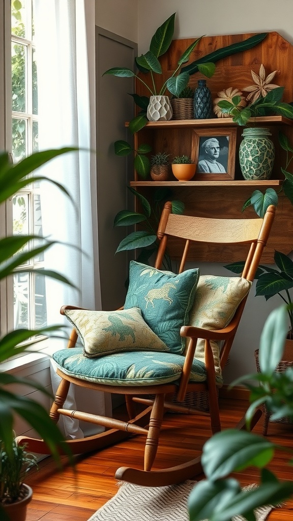 A cozy rocking chair with animal-patterned cushions in a jungle-themed nursery, surrounded by plants.