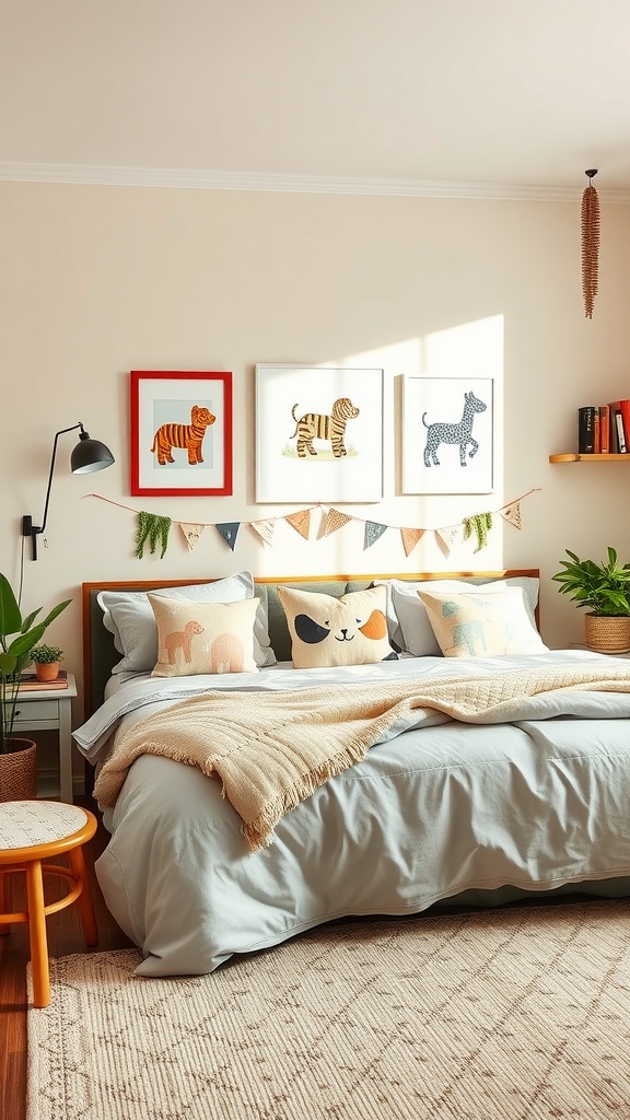 A cozy kids' shared bedroom featuring animal-themed decor, playful pillows, and a warm atmosphere.