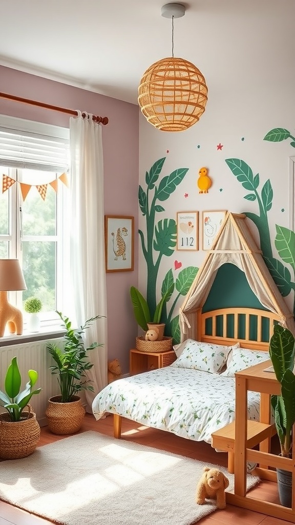 A cozy toddler bedroom featuring a tent bed, green wall decor, and playful stuffed animals.