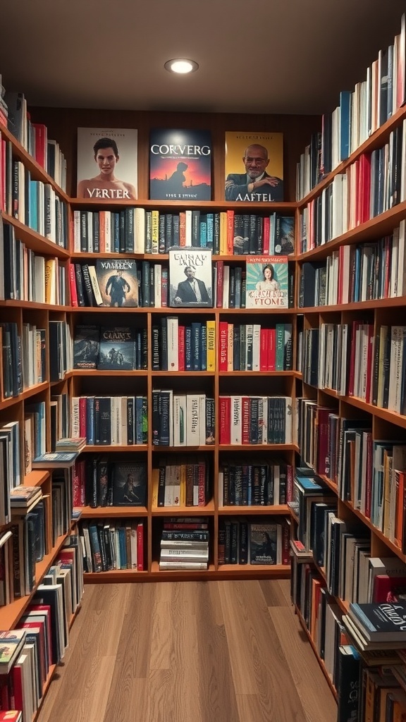 A beautifully organized bookshelf with a mix of genres, featuring vibrant book covers and wooden shelves.