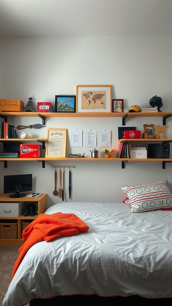 A cozy bedroom with themed shelving, including travel souvenirs, books, and decorations that reflect personal interests.