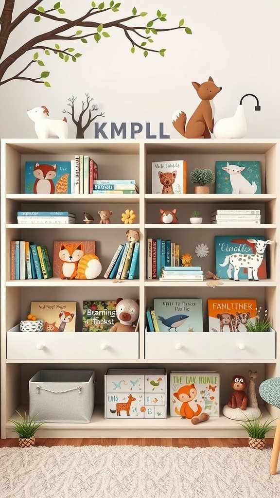 A themed nursery bookshelf with animal books and decorative figurines, showcasing a nature-inspired design.