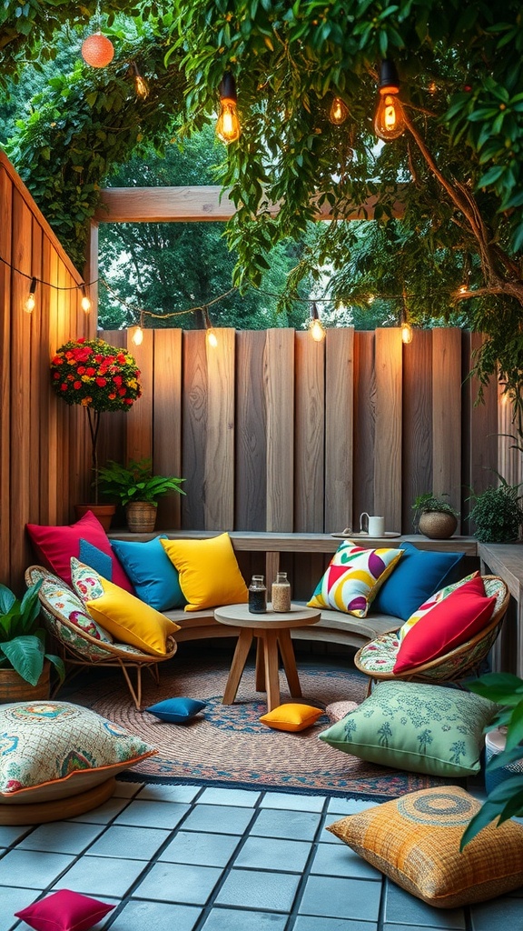 A cozy outdoor nook with colorful cushions, surrounded by greenery and soft lighting, ideal for storytelling.