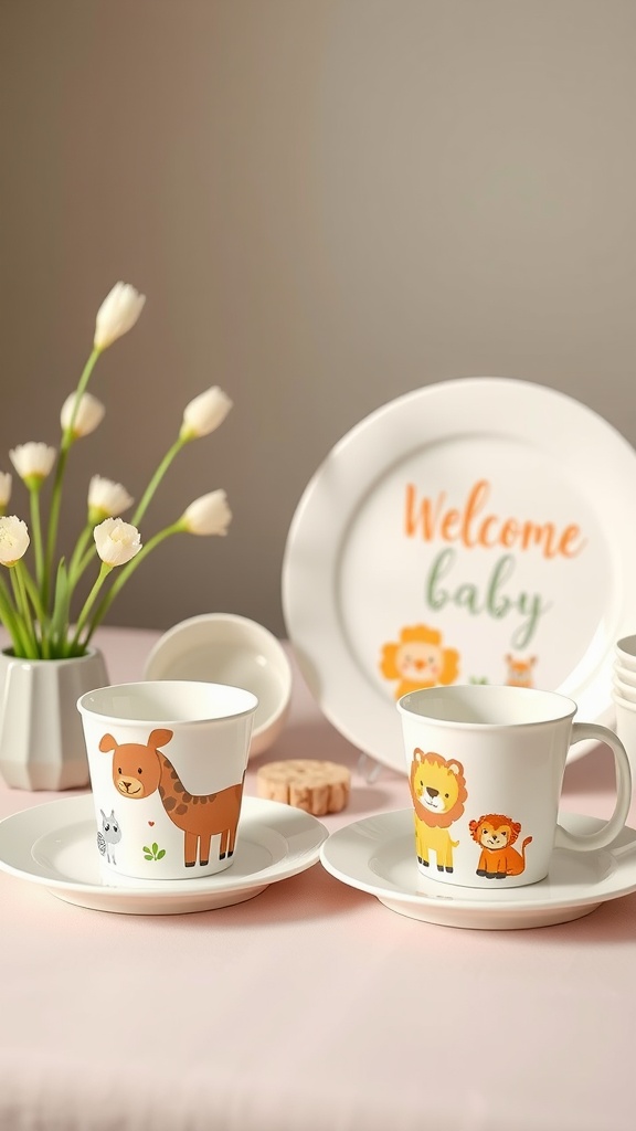 Themed baby celebration tableware with animal designs and a 'Welcome Baby' plate.