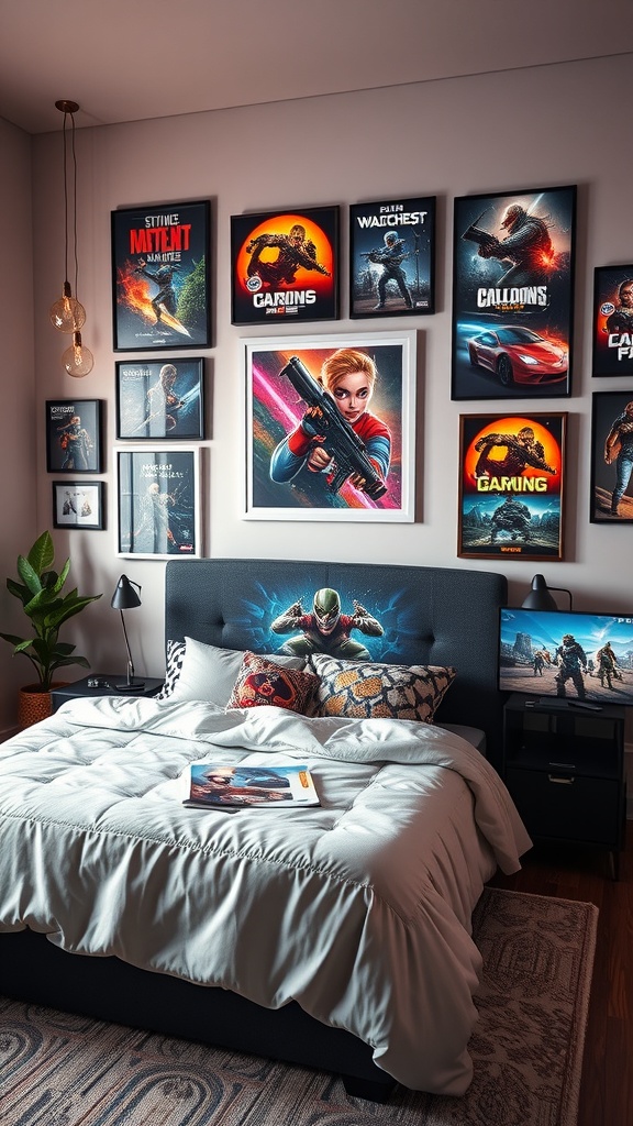 A gaming bedroom with themed wall art featuring various video game posters.