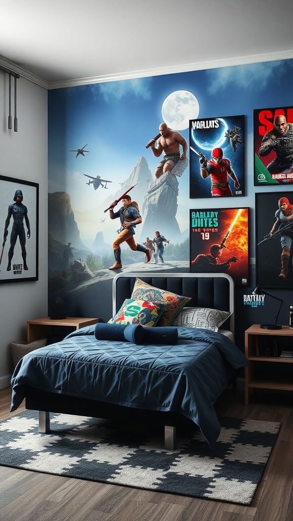 A cozy gaming bedroom featuring a themed wall mural and colorful posters from various video games.