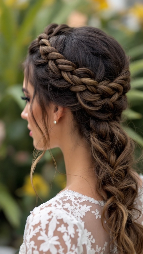 Woman with thick braided headband hairstyle and flowing curls